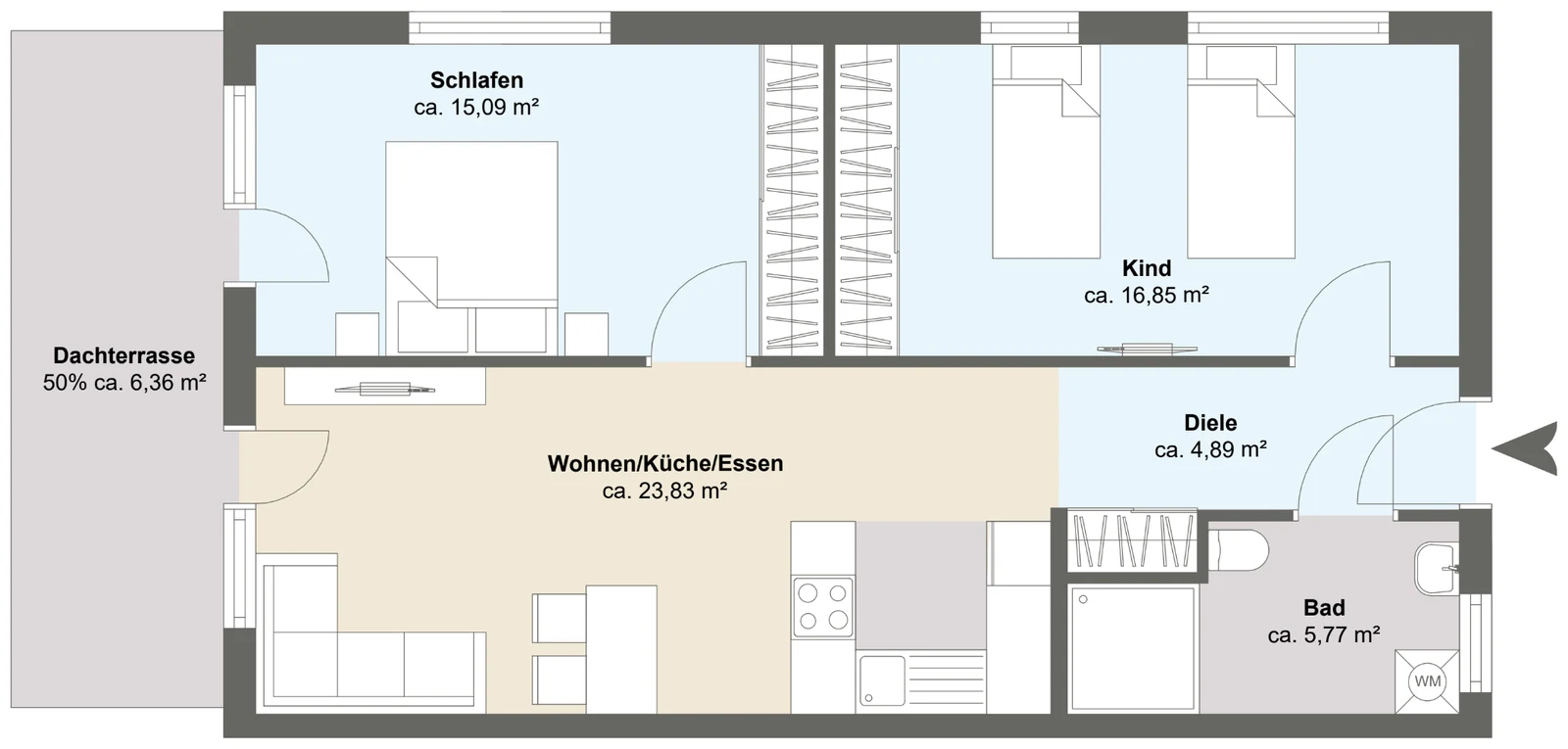 Grundriss Wohnung 37 mit drei Zimmern