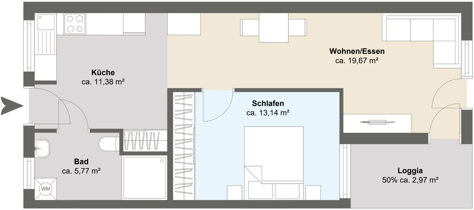 Grundriss Wohnung 4 mit zwei Zimmern: Küche, Wohnen und Essen, Schlafzimmer, Bad und Loggia