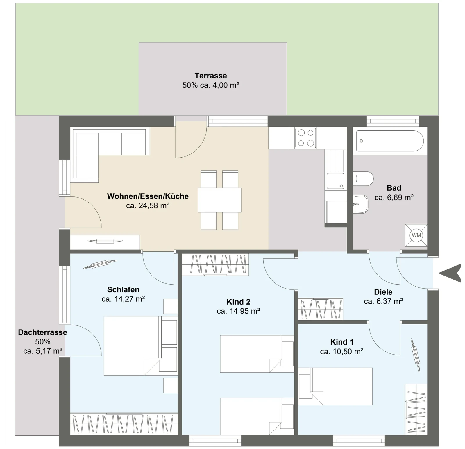 Grundriss Wohnung 50 mit vier Zimmern und Dachterrasse