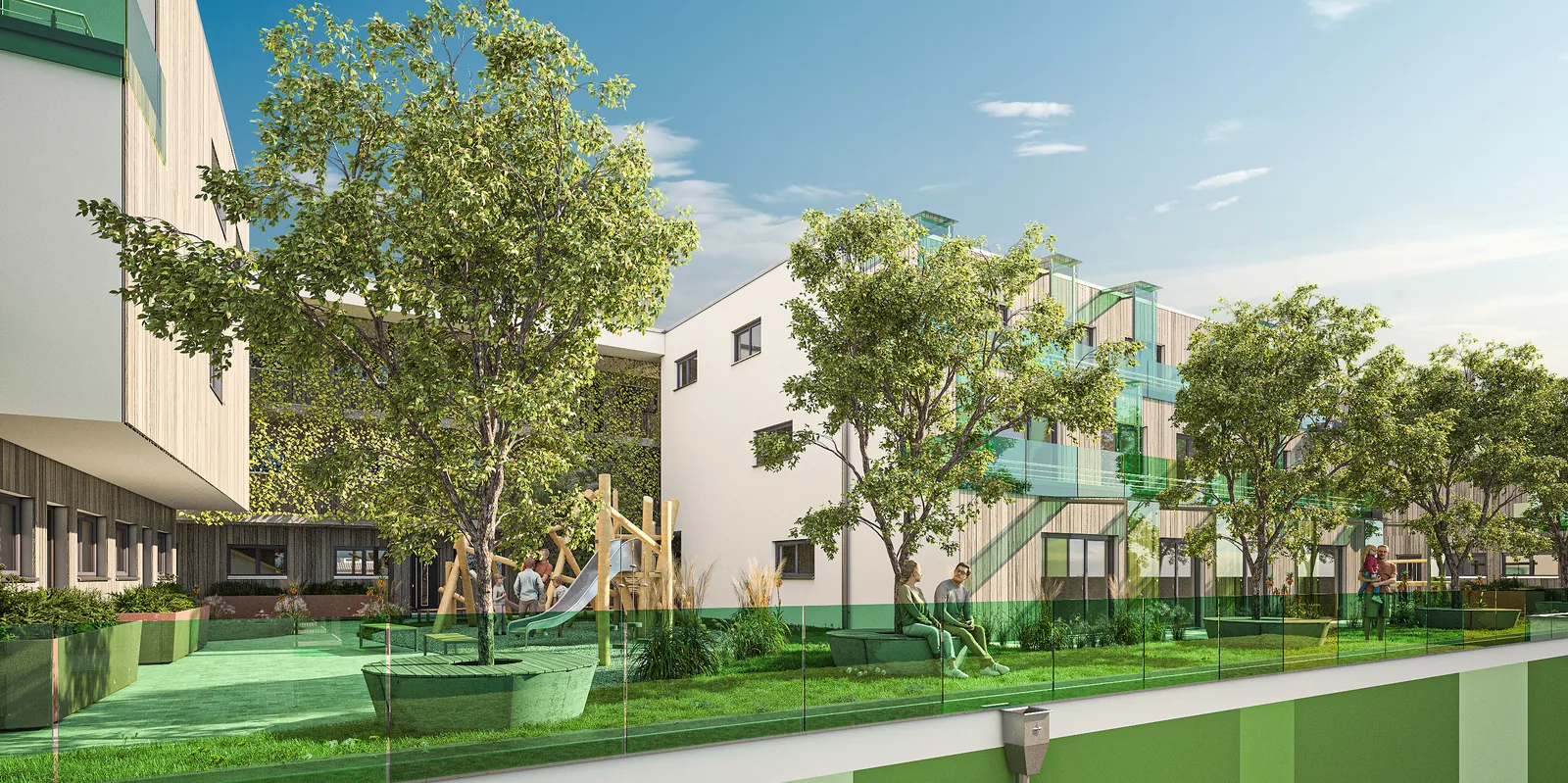 Innenhof von Living on Top mit Spielplatz, Bäumen und Bänken