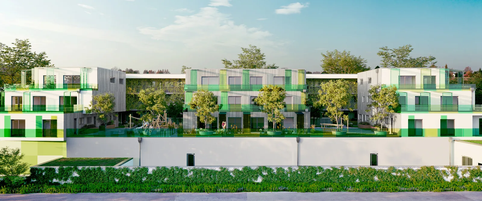 Südansicht von Living on Top mit Innenhof und Balkonen