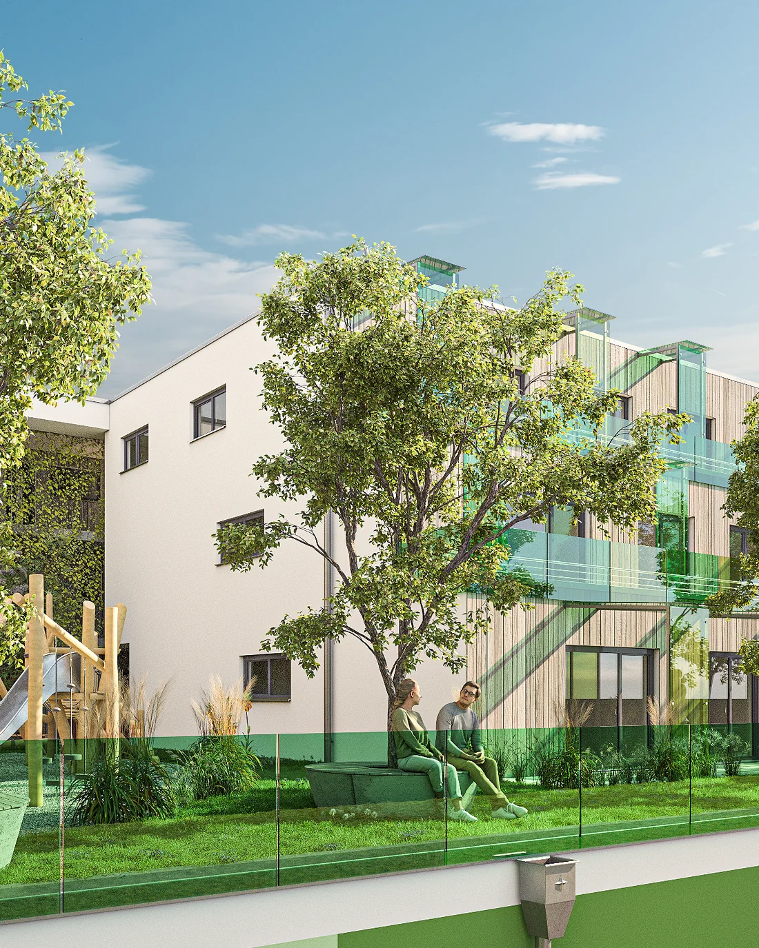 Innenhof von Living on Top mit Bäumen, Bänken und Balkonen
